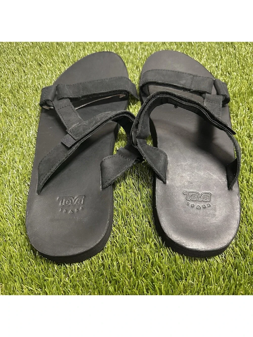 Teva Mens Universal Slide Sandals Black Leather Adjustable Strap Size 12 NWOB